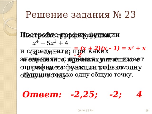 Решение задания № 23 Постройте график функции   и определите, при каких значениях с прямая y = с имеет с графиком функции только одну общую точку. = (x + 2)(x – 1) = x 2 + x - 2 Ответ: -2,25; -2; 4 09:40:10 PM