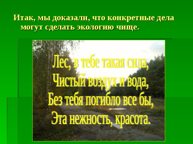 Итак, мы доказали, что конкретные дела могут сделать экологию чище. 