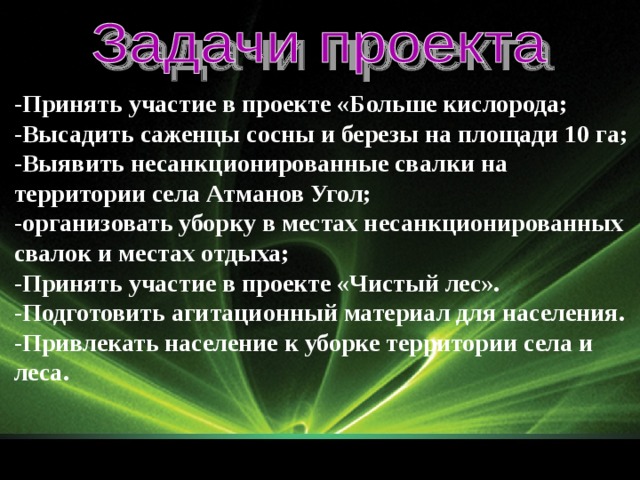 -Принять участие в проекте «Больше кислорода; -Высадить саженцы сосны и березы на площади 10 га; -Выявить несанкционированные свалки на территории села Атманов Угол; -организовать уборку в местах несанкционированных свалок и местах отдыха; -Принять участие в проекте «Чистый лес». -Подготовить агитационный материал для населения. -Привлекать население к уборке территории села и леса.  