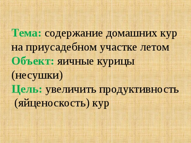 Тема:  содержание домашних кур на приусадебном участке летом  Объект:  яичные курицы (несушки)  Цель: увеличить продуктивность  (яйценоскость) кур 