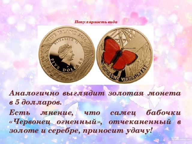   Популярность вида    Аналогично выглядит золотая монета в 5 долларов. Есть мнение, что самец бабочки «Червонец огненный», отчеканенный в золоте и серебре, приносит удачу! 