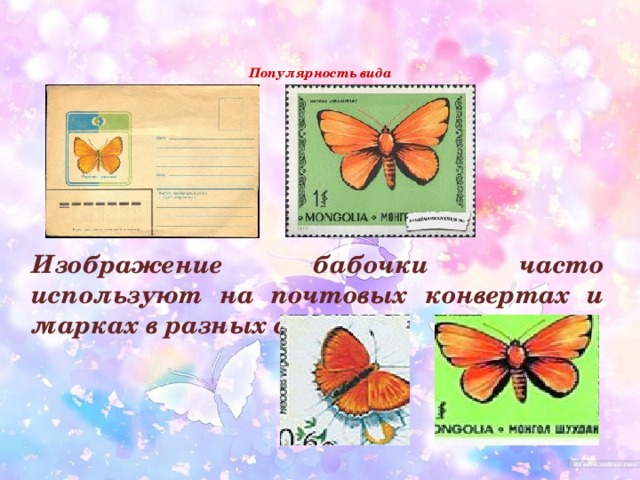   Популярность вида    Изображение бабочки часто используют на почтовых конвертах и марках в разных странах. 