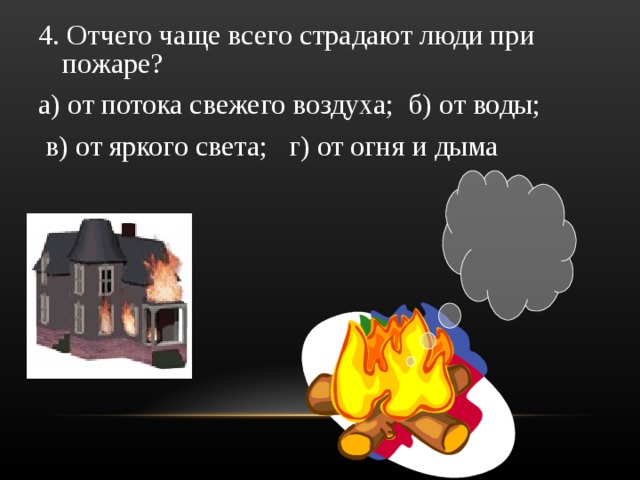 4. Отчего чаще всего страдают люди при пожаре? а) от потока свежего воздуха; б) от воды;  в) от яркого света; г) от огня и дыма 