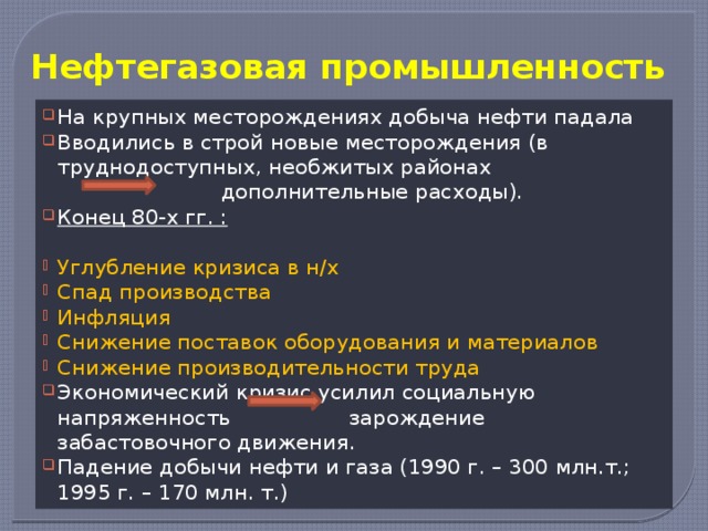 Нефтегазовая промышленность На крупных месторождениях добыча нефти падала Вводились в строй новые месторождения (в труднодоступных, необжитых районах  дополнительные расходы). Конец 80-х гг. :
