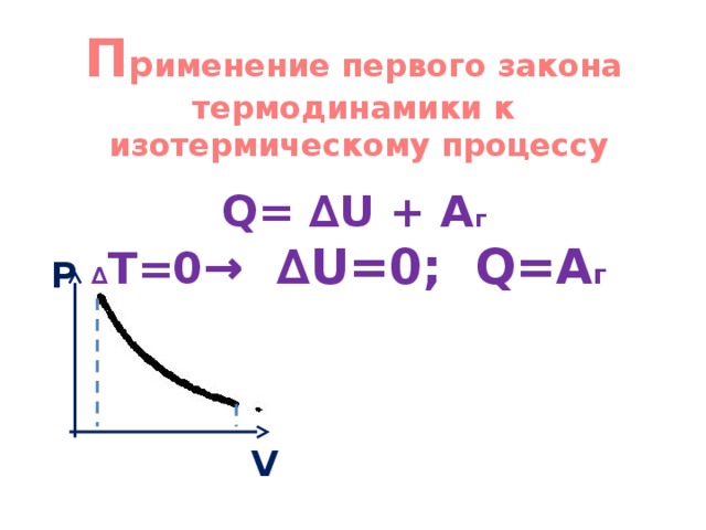 П р именение первого закона термодинамики к изотермическому процессу   Q= ∆U + A г  ∆ T=0 → ∆U=0; Q=A г P V 