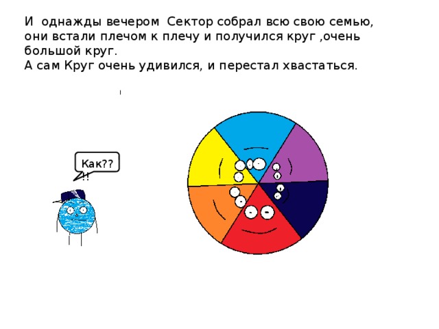 И однажды вечером Сектор собрал всю свою семью, они встали плечом к плечу и получился круг ,очень большой круг. А сам Круг очень удивился, и перестал хвастаться. Как??!! 