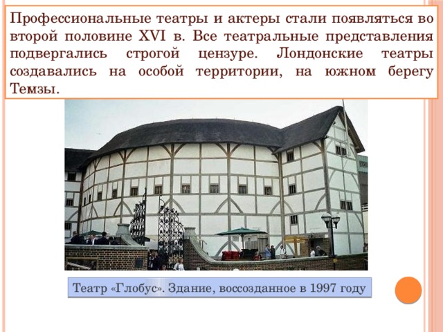 Профессиональные театры и актеры стали появляться во второй половине XVI в. Все театральные представления подвергались строгой цензуре. Лондонские театры создавались на особой территории, на южном берегу Темзы. Театр «Глобус». Здание, воссозданное в 1997 году 