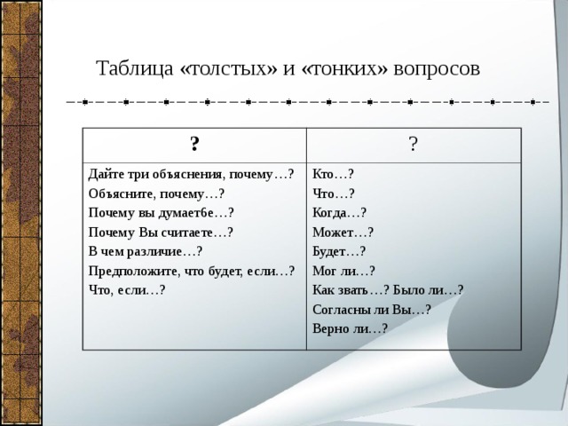 Три объяснения. Таблица толстых и тонких вопросов по теме интернет. Вопрос зачем и почему в чем разница. Вопросы зачем и почему в чём разница.