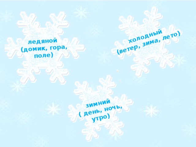 ледяной  (домик, гора, поле) зимний  ( день, ночь, утро) холодный ( ветер, зима, лето )