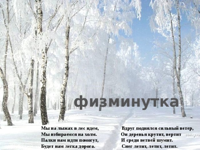 физминутка Мы на лыжах в лес идем, Вдруг поднялся сильный ветер, Мы взбираемся на холм. Он деревья крутит, вертит Палки нам идти помогут, И среди ветвей шумит. Будет нам легка дорога. Снег летит, летит, летит.
