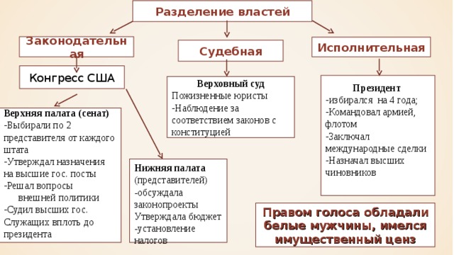 Конституционное разделение властей. Три ветви власти по Конституции США. Исполнительная ветвь власти США.