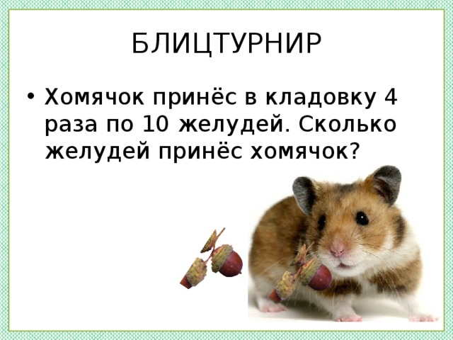 БЛИЦТУРНИР Хомячок принёс в кладовку 4 раза по 10 желудей. Сколько желудей принёс хомячок? 