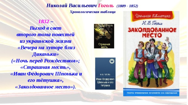 Николай Васильевич Гоголь   (1809 - 1852)  Хронологическая таблица 1832 –  Выход в свет  второго тома повестей  из украинской жизни  «Вечера на хуторе близ Диканьки»  («Ночь перед Рождеством»;  «Страшная месть»,  «Иван Фёдорович Шпонька и его тётушка»,  «Заколдованное место»).   