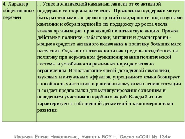 4. Характер общественных перемен ... Успех политической кампании зависит от ее активной поддержки со стороны населения.  Проявления поддержки могут быть различными - от демонстраций солидарности под лозунгами кампании и сбора подписей в их поддержку до роста числа членов организации, проводящей политическую акцию. Прямое действие в политике - забастовки, митинги и демонстрации - мощное средство активного включения в политику больших масс населения. Однако их возможности как средства воздействия на политику при нормальном функционировании политической системы и устойчивости режимных норм достаточно ограниченны. Использование яркой, доходчивой символики, звуковых и визуальных эффектов, упрощенного языка блокирует способность участников к рациональному осмыслению ситуации и создает предпосылки для манипулирования сознанием и поведением участников подобных акций. Каждый из них характеризуется собственной динамикой и закономерностями развития 