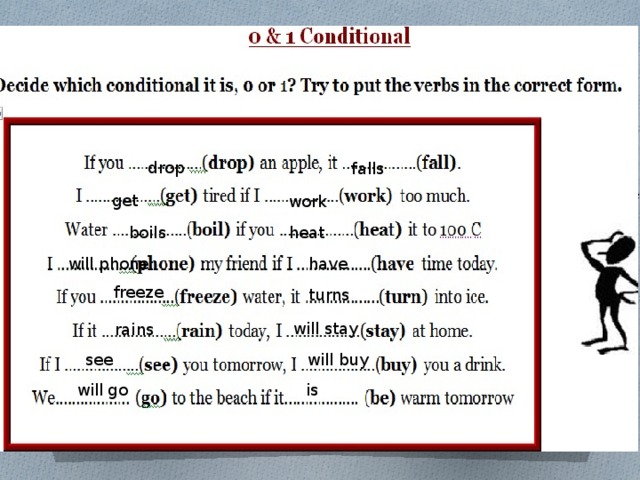 Decide 3 form. Decide which conditional it is 0 or 1 try to put the verbs in the correct form. 0 Conditional. First conditional. Zero conditional.