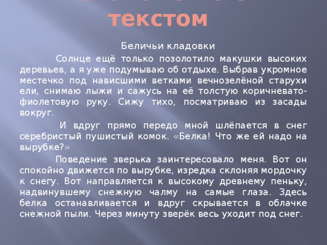  Знакомство с текстом  Беличьи кладовки  Солнце ещё только позолотило макушки высоких деревьев, а я уже подумываю об отдыхе. Выбрав укромное местечко под нависшими ветками вечнозелёной старухи ели, снимаю лыжи и сажусь на её толстую коричневато-фиолетовую руку. Сижу тихо, посматриваю из засады вокруг.  И вдруг прямо передо мной шлёпается в снег серебристый пушистый комок. «Белка! Что же ей надо на вырубке?»  Поведение зверька заинтересовало меня. Вот он спокойно движется по вырубке, изредка склоняя мордочку к снегу. Вот направляется к высокому древнему пеньку, надвинувшему снежную чалму на самые глаза. Здесь белка останавливается и вдруг скрывается в облачке снежной пыли. Через минуту зверёк весь уходит под снег. 