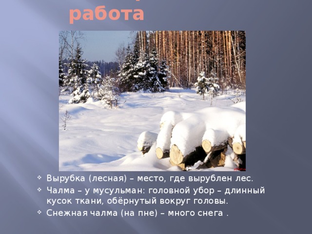 Словарная работа Вырубка (лесная) – место, где вырублен лес. Чалма – у мусульман: головной убор – длинный кусок ткани, обёрнутый вокруг головы. Снежная чалма (на пне) – много снега . 