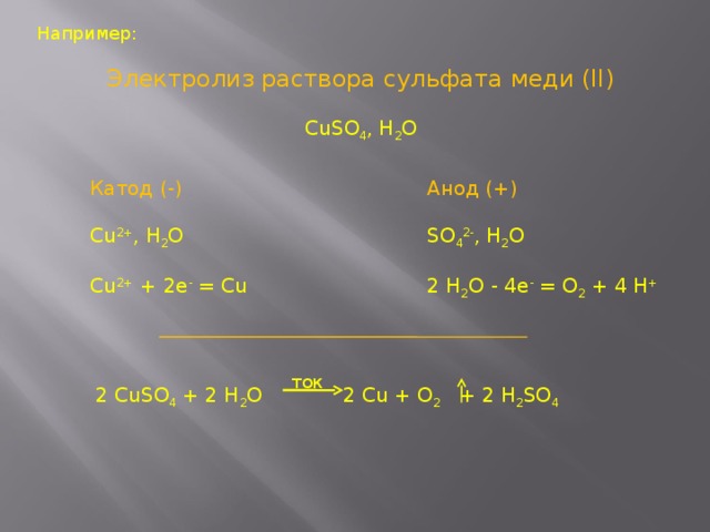 Например: Электролиз раствора сульфата меди (II) CuSO 4 , H 2 O Анод (+) Катод (-) SO 4 2- , H 2 O 2 H 2 O  - 4e - = O 2 + 4 H + Сu 2+ , H 2 O Cu 2+ + 2e - = Cu ток 2 CuSO 4 + 2 H 2 O 2 Cu + O 2 + 2 H 2 SO 4 