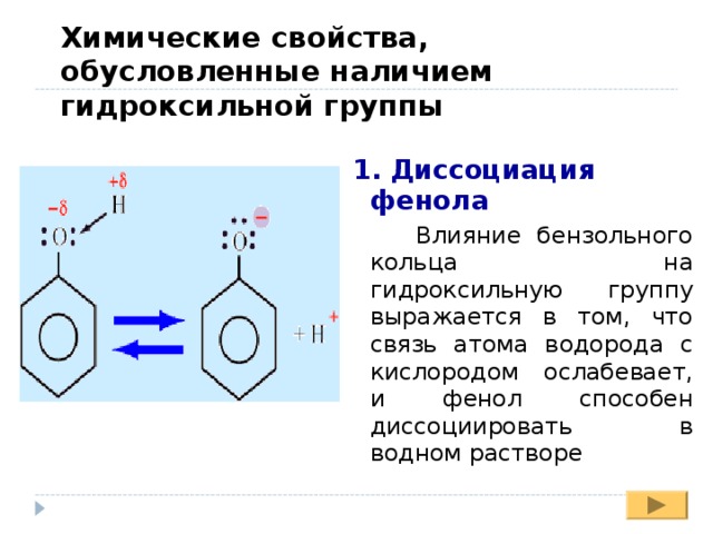 Химические свойства, обусловленные наличием гидроксильной группы 1. Диссоциация фенола  Влияние бензольного кольца на гидроксильную группу выражается в том, что связь атома водорода с кислородом ослабевает, и фенол способен диссоциировать в водном растворе 