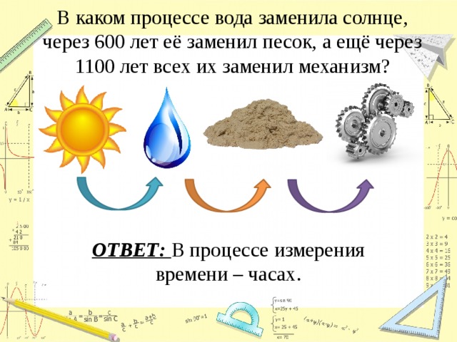 В каком процессе вода заменила солнце, через 600 лет её заменил песок, а ещё через 1100 лет всех их заменил механизм? ОТВЕТ: В процессе измерения времени – часах. 