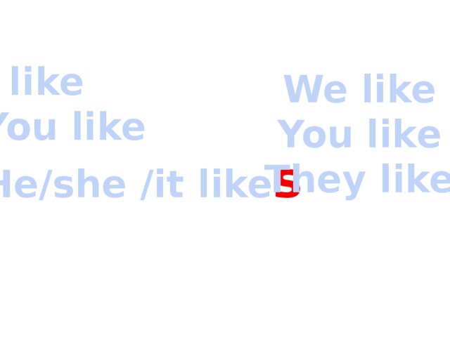 I like You like He/she /it like s We like You like They like 