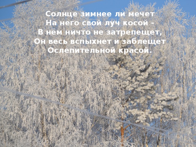 Солнце зимнее ли мечет На него свой луч косой - В нём ничто не затрепещет, Он весь вспыхнет и заблещет Ослепительной красой. И стоит он, околдован, Не мертвец и не живой - Сном волшебным очарован, Весь опутан, весь окован Лёгкой цепью пуховой... Чародейкою Зимою Околдован, лес стоит, И под снежной бахромою, Неподвижною, немою, Чудной жизнью он блестит. 