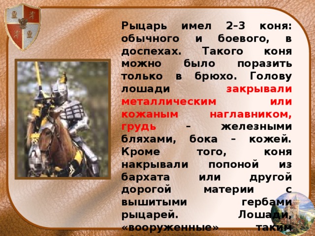 Рыцарь имел 2–3 коня: обычного и боевого, в доспехах. Такого коня можно было поразить только в брюхо. Голову лошади закрывали металлическим или кожаным наглавником, грудь – железными бляхами, бока – кожей. Кроме того, коня накрывали попоной из бархата или другой дорогой материи с вышитыми гербами рыцарей. Лошади, «вооруженные» таким образом, назывались «латными». 
