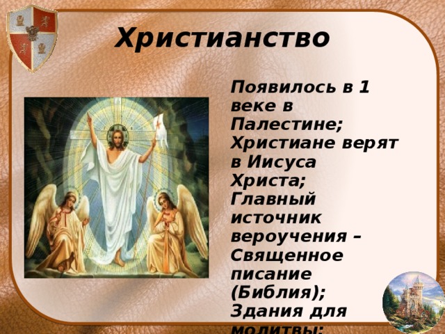 Христианство Появилось в 1 веке в Палестине; Христиане верят в Иисуса Христа; Главный источник вероучения – Священное писание (Библия); Здания для молитвы: церкви, соборы 