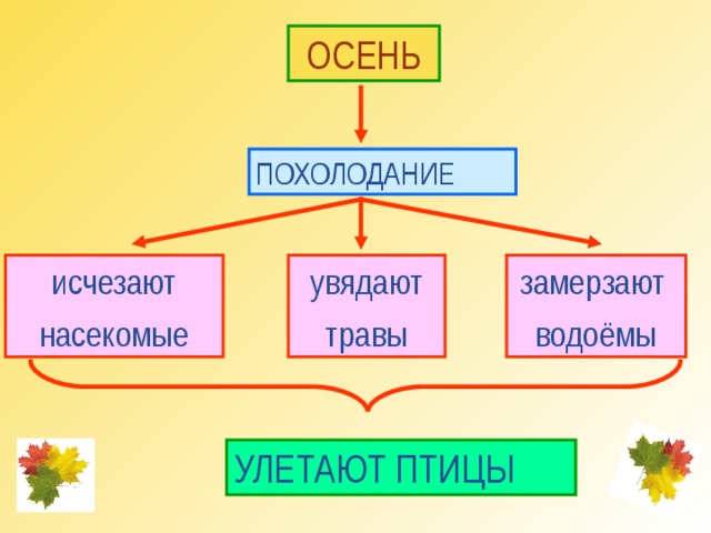 ОСЕНЬ ПОХОЛОДАНИЕ исчезают насекомые увядают травы замерзают водоёмы УЛЕТАЮТ ПТИЦЫ 