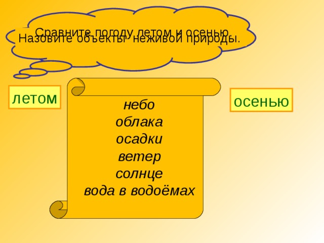 Сравните погоду летом и осенью. Назовите объекты неживой природы. летом осенью небо облака осадки ветер солнце вода в водоёмах 