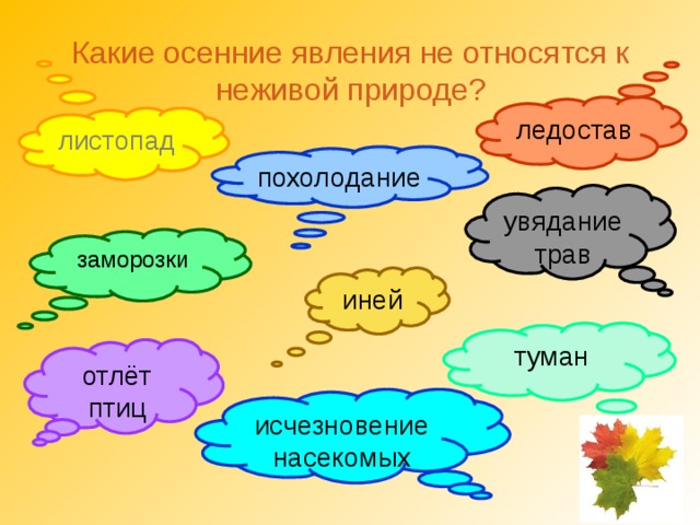 Какие осенние явления не относятся к неживой природе? ледостав листопад похолодание увядание трав заморозки иней туман отлёт птиц исчезновение насекомых 
