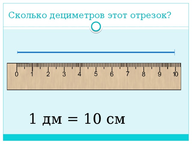 Сколько дециметров этот отрезок? 1 дм = 10 см 