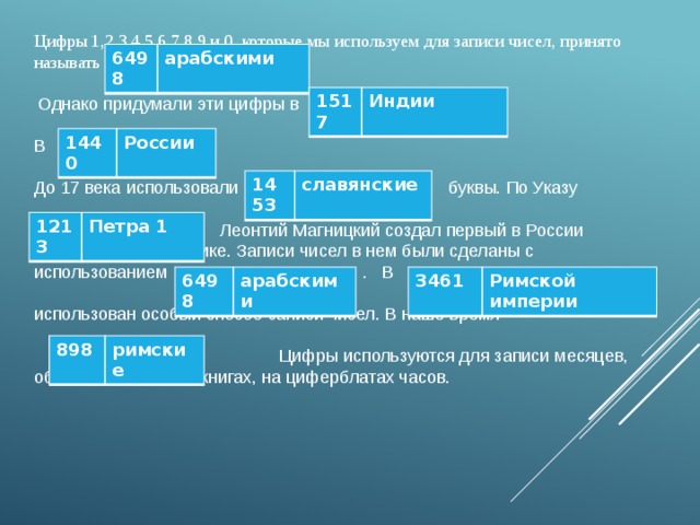 Цифры 1,2,3,4,5,6,7,8,9 и 0, которые мы используем для записи чисел, принято называть  Однако придумали эти цифры в В До 17 века использовали буквы. По Указу  Леонтий Магницкий создал первый в России  учебник по математике. Записи чисел в нем были сделаны с использованием . В использован особый способ записи чисел. В наше время  Цифры используются для записи месяцев, обозначению глав в книгах, на циферблатах часов. 6498 арабскими 1517 Индии 1440 России 1453 славянские 1213 Петра 1 6498 3461 арабскими Римской империи 898 римские 