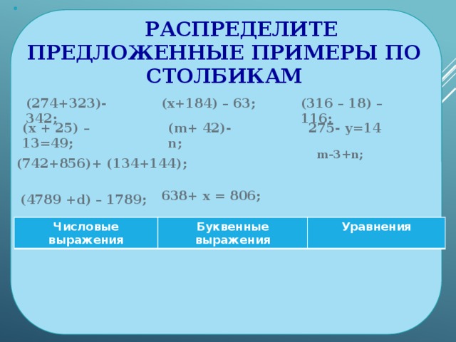  Распределите предложенные примеры по столбикам (274+323)-342;  (х+184) – 63; (316 – 18) – 116; (х + 25) – 13=49; 275- у=14 (m+ 42)-n; m-3+n; (742+856)+ (134+144); 638+ х = 806; (4789 +d) – 1789; Числовые выражения Буквенные выражения Уравнения 