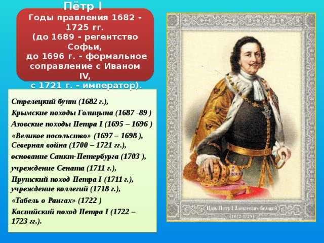 Пётр I  Годы правления 1682 - 1725 гг.  (до 1689 - регентство Софьи,  до 1696 г. - формальное соправление с Иваном IV,  с 1721 г. - император). Стрелецкий бунт (1682 г.), Крымские походы Голицына (1687 -89 ) Азовские походы Петра I (1695 – 1696 ) «Великое посольство» (1697 – 1698 ), Северная война (1700 – 1721 гг.), основание Санкт-Петербурга (1703 ), учреждение Сената (1711 г.), Прутский поход Петра I (1711 г.), учреждение коллегий (1718 г.), «Табель о Рангах» (1722 ) Каспийский поход Петра I (1722 – 1723 гг.). 