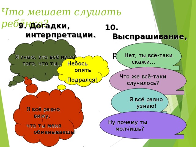 Что мешает слушать ребёнка? 9. Догадки, интерпретации. 10. Выспрашивание, расследование.   Нет, ты всё-таки скажи… Я знаю, это всё из-за того, что ты… Небось опять Подрался! ! Что же всё-таки случилось? Я всё равно узнаю! Я всё равно вижу, что ты меня обманываешь! , ! Ну почему ты молчишь? -