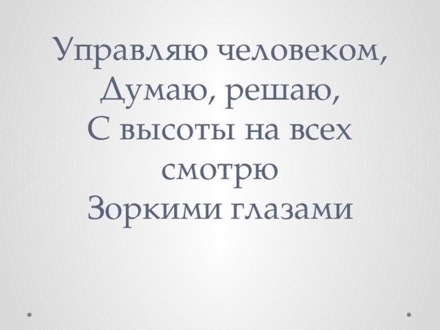 Управляю человеком,  Думаю, решаю,  С высоты на всех смотрю  Зоркими глазами 