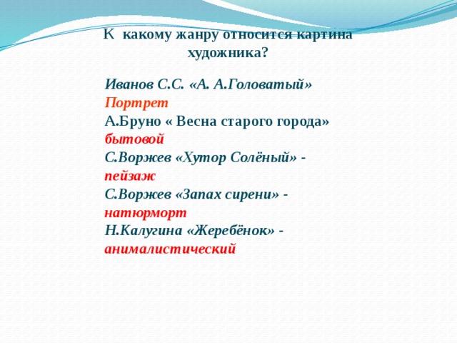 К какому жанру относится картина художника? Иванов С.С. «А. А.Головатый» Портрет А.Бруно « Весна старого города» бытовой С.Воржев «Хутор Солёный» - пейзаж С.Воржев «Запах сирени» - натюрморт Н.Калугина «Жеребёнок» - анималистический 