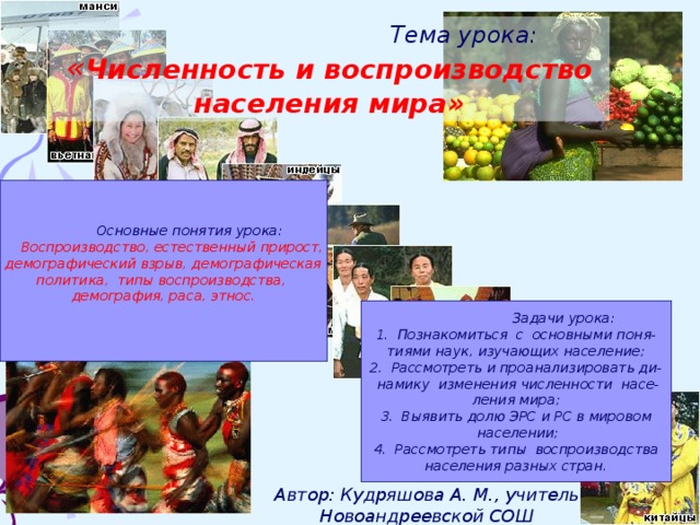  Тема урока: « Численность и воспроизводство населения мира»  Основные понятия урока:  Воспроизводство, естественный прирост, демографический взрыв, демографическая политика, типы воспроизводства, демография, раса, этнос.   Задачи урока: 1. Познакомиться с основными поня- тиями наук, изучающих население; 2. Рассмотреть и проанализировать ди-  намику изменения численности насе- ления мира; 3. Выявить долю ЭРС и РС в мировом  населении; 4. Рассмотреть типы воспроизводства населения разных стран. Автор: Кудряшова А. М., учитель Новоандреевской СОШ 