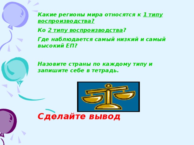 Какие регионы мира относятся к 1 типу воспроизводства? Ко 2 типу воспроизводства ? Где наблюдается самый низкий и самый высокий ЕП?  Назовите страны по каждому типу и запишите себе в тетрадь.    Сделайте вывод  