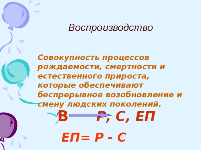 Воспроизводство Совокупность процессов рождаемости, смертности и естественного прироста, которые обеспечивают беспрерывное возобновление и смену людских поколений. В Р, С, ЕП в  ЕП= Р - С 