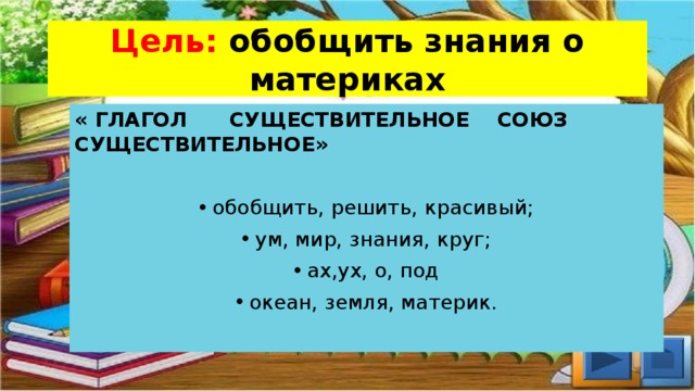 Цель: обобщить знания о материках « ГЛАГОЛ СУЩЕСТВИТЕЛЬНОЕ СОЮЗ СУЩЕСТВИТЕЛЬНОЕ»