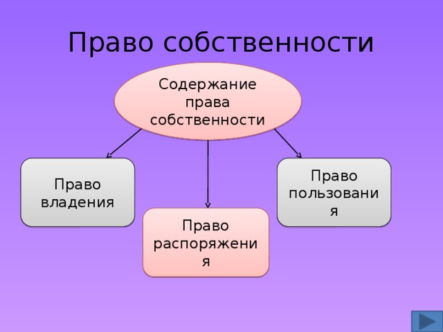 Право собственности Содержание права собственности Право владения Право пользования Право распоряжения 