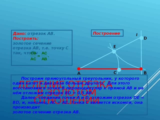 Построение  Дано:  отрезок АВ. Построить:  золотое сечение отрезка АВ, т.е. точку С так, чтобы   l  ●  D E ● ● C B A  Построим прямоугольный треугольник, у которого один катет в два раза больше другого. Для этого восстановим в точке В перпендикуляр к прямой АВ и на нём отложим отрезок BD = 0,5 AB.  Далее, соединив точки А и D, отложим отрезок DЕ = ВD, и, наконец, АС = АЕ. Точка С является искомой, она производит золотое сечение отрезка АВ. ДЕЛЕНИЕ ОТРЕЗКА  В ЗОЛОТОМ ОТНОШЕНИИ 