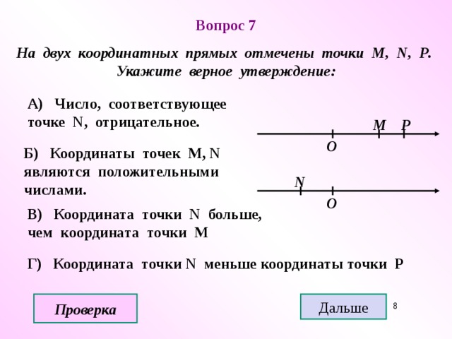Вопрос 7 На двух координатных прямых отмечены точки М, N, P . Укажите верное утверждение: А) Число, соответствующее точке N, отрицательное. Р М О Б) Координаты точек М, N  являются положительными числами. N О В) Координата точки N больше, чем координата точки М Г) Координата точки N меньше координаты точки Р Проверка Дальше  