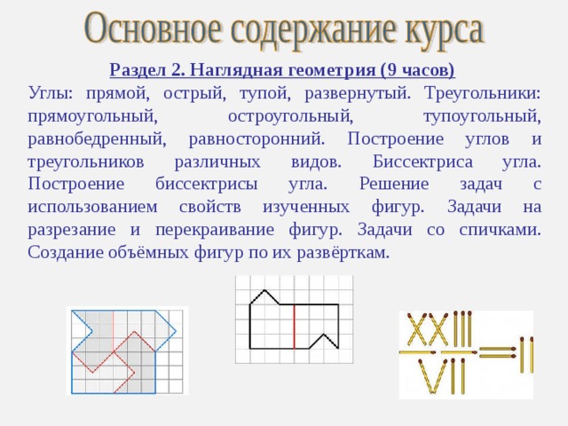 Раздел 2. Наглядная геометрия (9 часов)  Углы: прямой, острый, тупой, развернутый. Треугольники: прямоугольный, остроугольный, тупоугольный, равнобедренный, равносторонний. Построение углов и треугольников различных видов. Биссектриса угла. Построение биссектрисы угла. Решение задач с использованием свойств изученных фигур. Задачи на разрезание и перекраивание фигур. Задачи со спичками. Создание объёмных фигур по их развёрткам. 