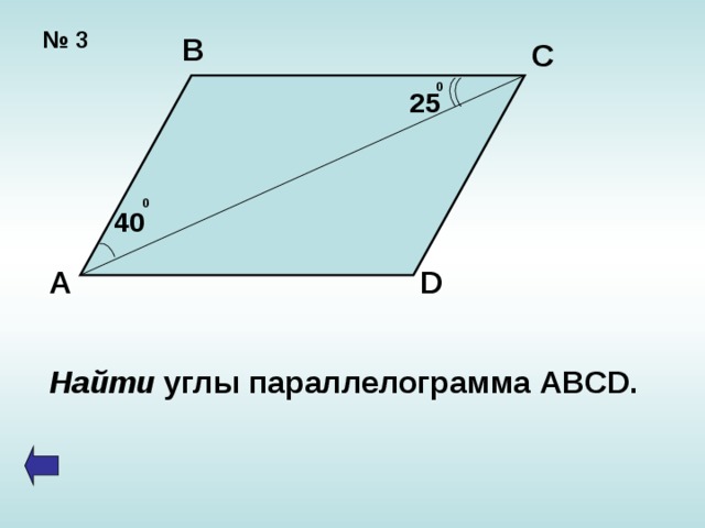 № 3 В С 0 25 0 40 А D Найти углы параллелограмма ABCD. 