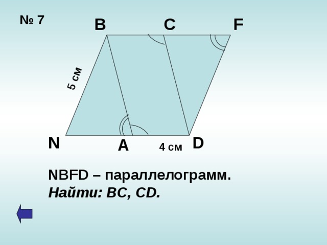 5 см №  7 B C F D N A 4 см NBFD – параллелограмм. Найти: ВС, CD. 