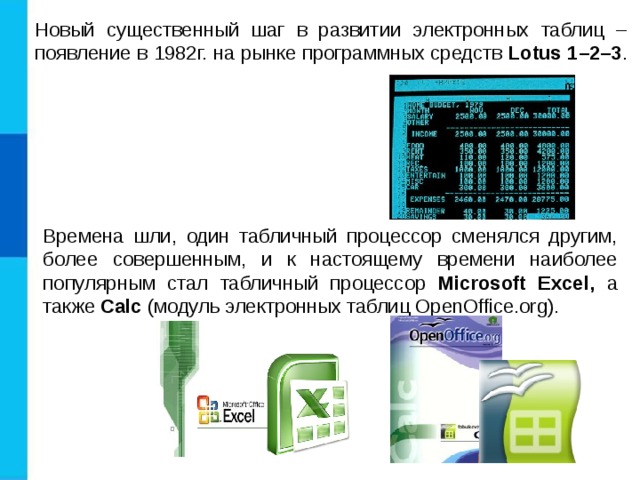 Новый существенный шаг в развитии электронных таблиц – появление в 1982г. на рынке программных средств Lotus 1–2–3 . Времена шли, один табличный процессор сменялся другим, более совершенным, и к настоящему времени наиболее популярным стал табличный процессор Microsoft Excel, а также Calc (модуль электронных таблиц OpenOffice.org). 