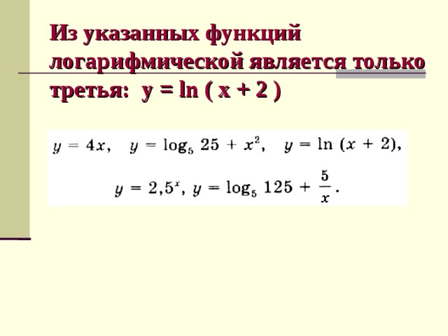 Из указанных функций логарифмической является только третья :  y = ln ( x + 2 ) 